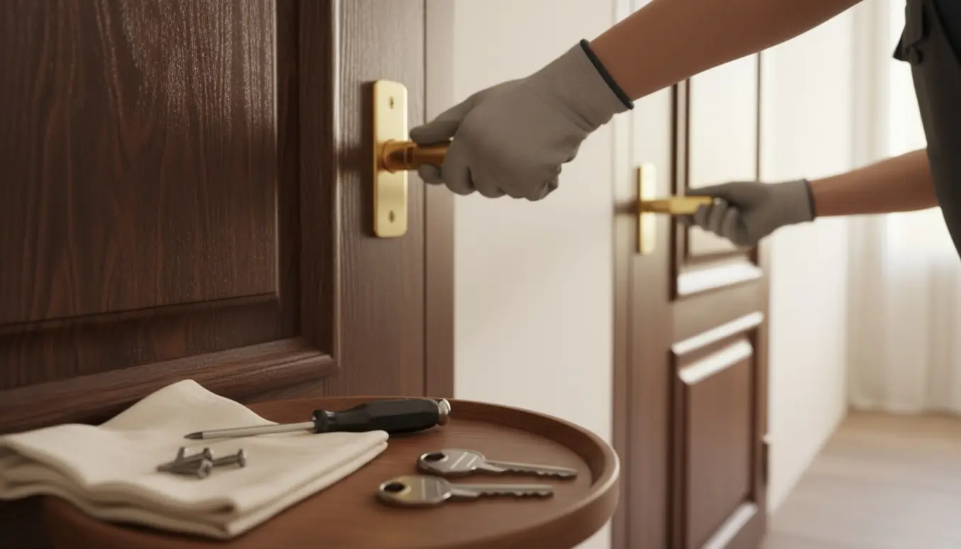Nærbillede af hænder, der udskifter låsecylindre i to hoveddøre med tre højsikkerhedsnøgler ved siden af.
