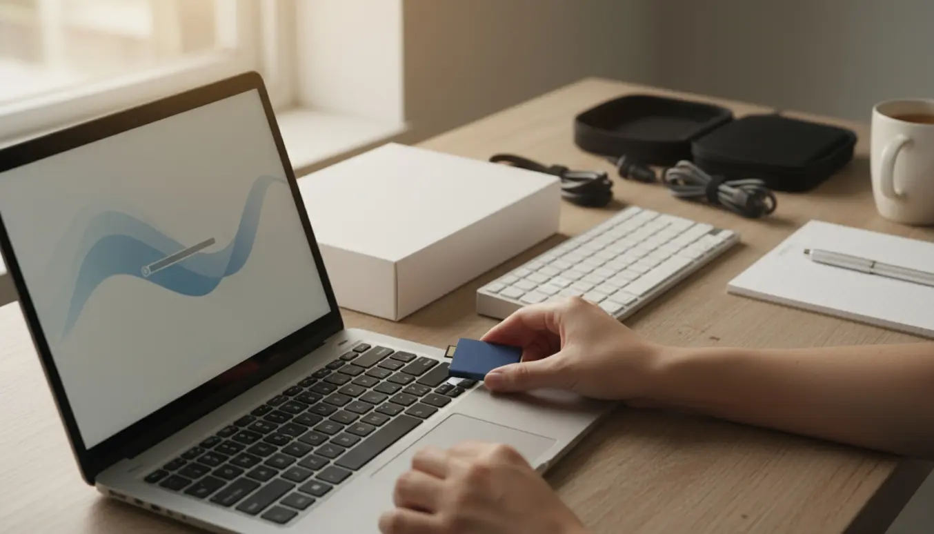 Hænder tilslutter en ekstern SSD til en ældre bærbar, mens en ny pc-kasse venter i baggrunden.