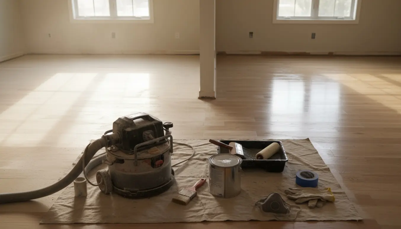 To sammenhængende værelser med nyslebne trægulve og frisk lak, omgivet af slibemaskine, lakdåser og malerudstyr.