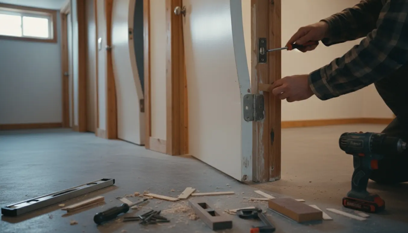 Skæve moderne kælderdøre der ikke lukker, med værktøj og hængselsjustering, personens ansigt ude af billedet.