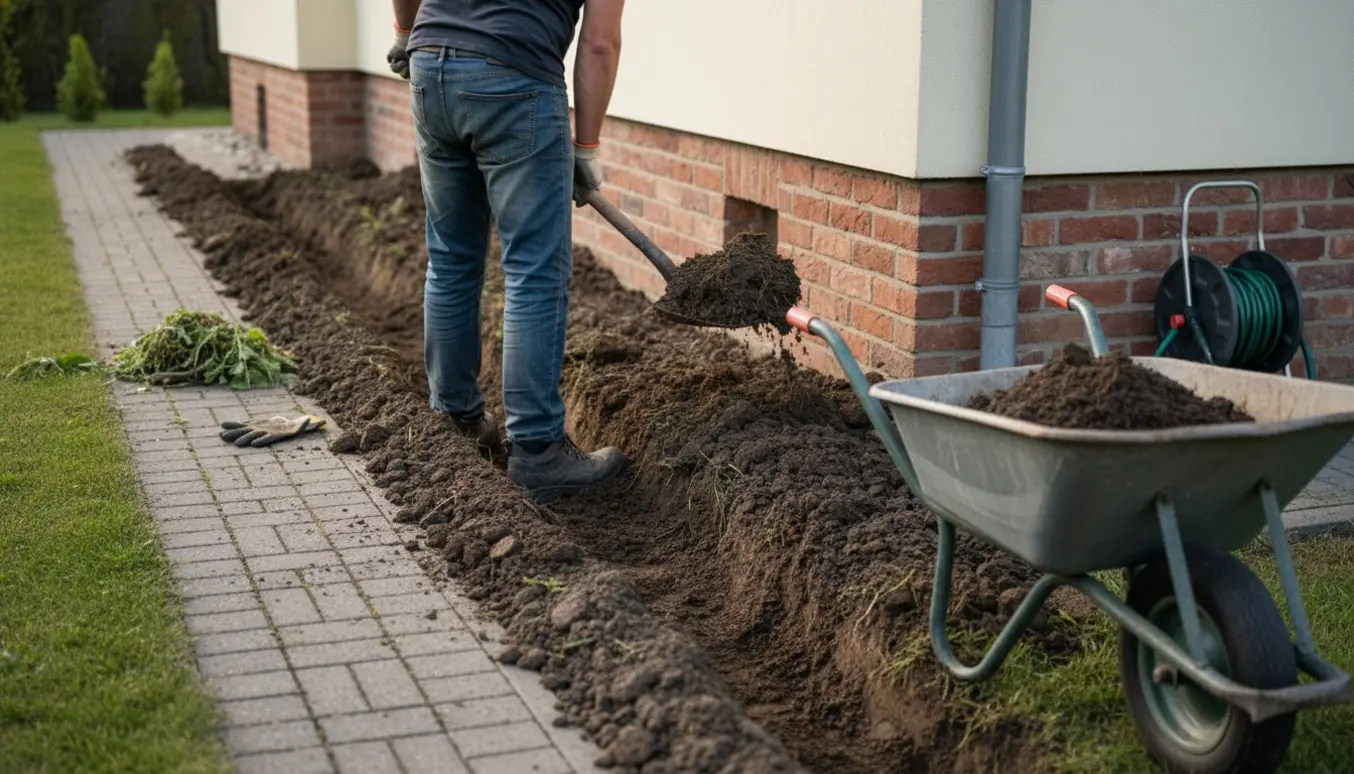 Våd jord fjernes fra en smal plantegrav ved husets fundament med spade og trillebør.