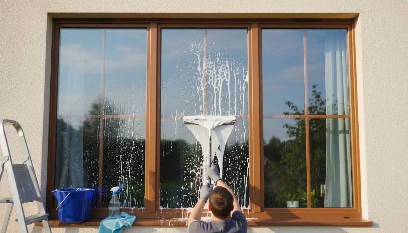 En hånd med gummihandske bruger en vinduesskraber til at rengøre seks vinduer i blødt dagslys.