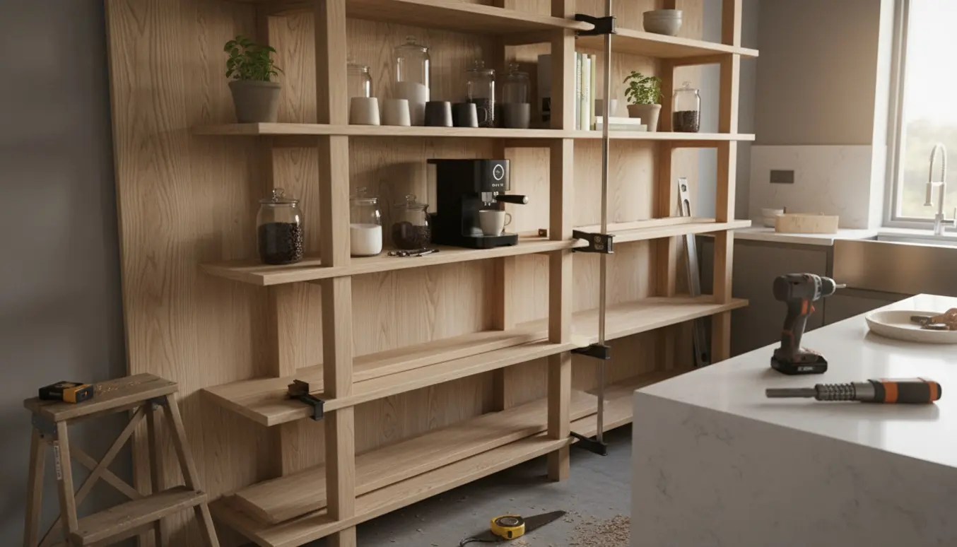 Gulv-til-loft reol i køkken under opbygning med kaffemaskine på en hylde og værktøj rundt omkring.