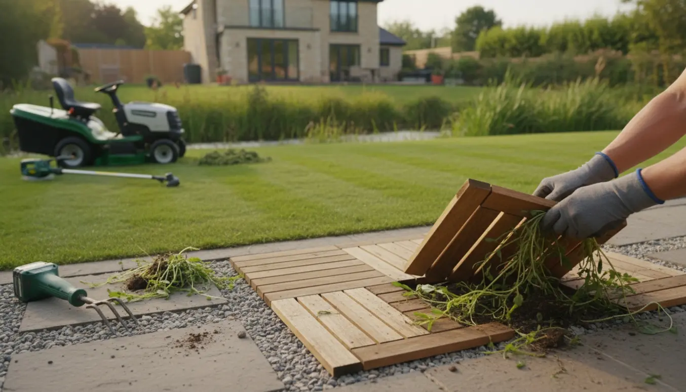 Nærbillede af havearbejde med drejede træfliser, fjernet ukrudt i grus og nyslået græs ved en lille å.