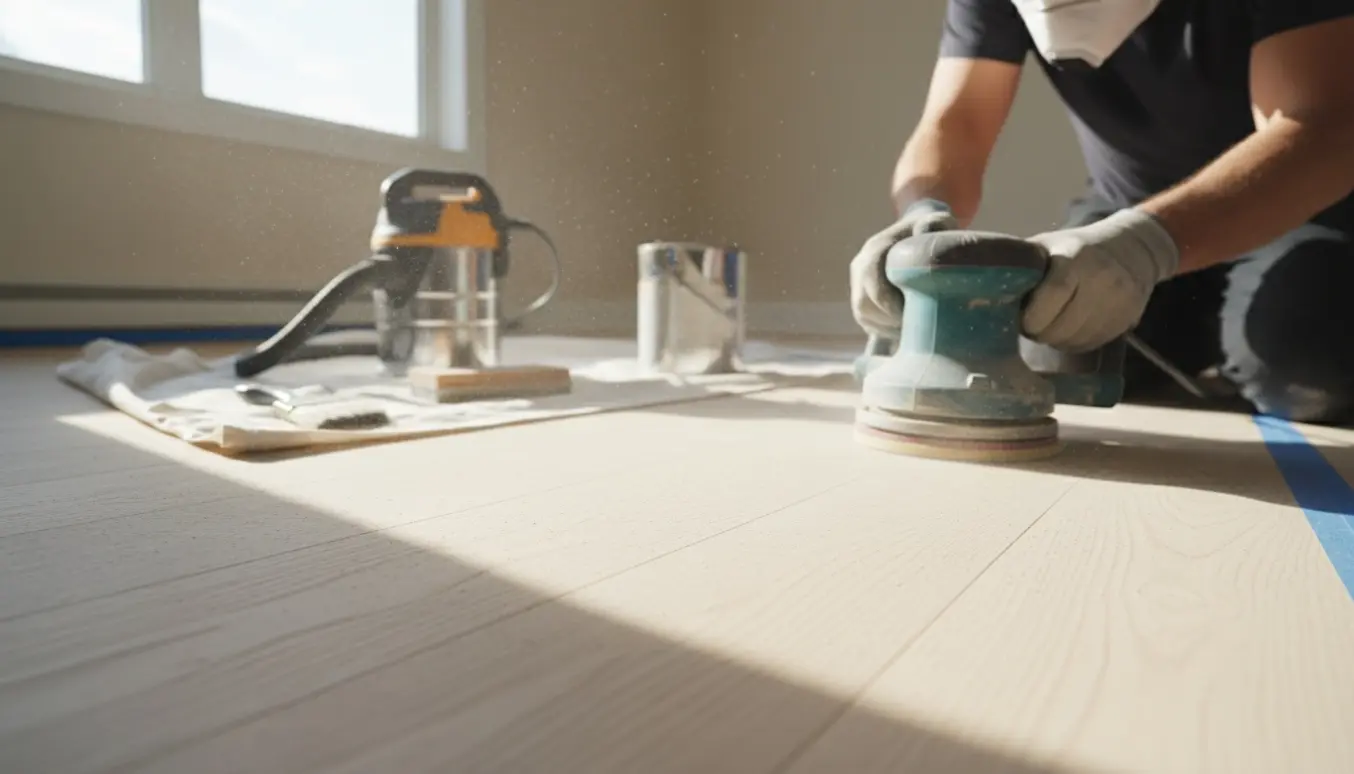 Let slibning af lyst finergulv med en roterende slibemaskine og fint støv i sollys.