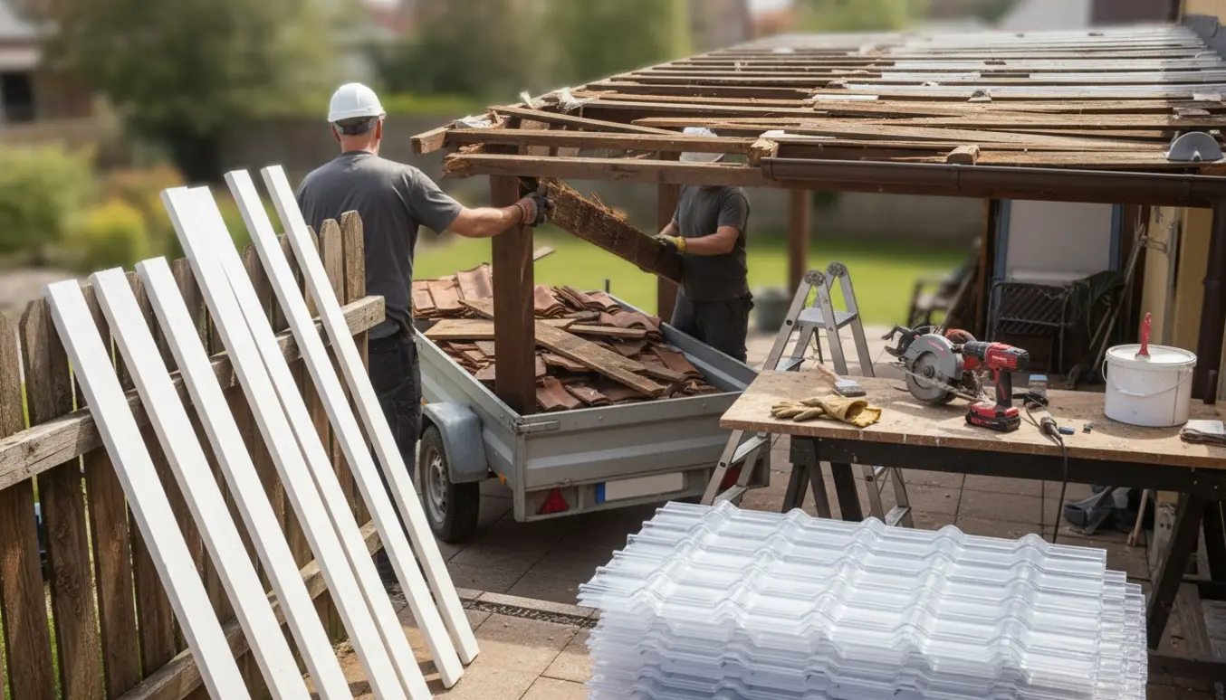 Håndværkere fjerner gammel overdækning, med hvidmalet træ og klare trapezplader klar til montering på terrassen.
