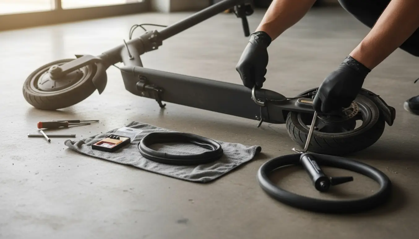 Nærbillede af reparation af to slanger (for- og baghjul) på et elektrisk løbehjul med værktøj og nye slanger.