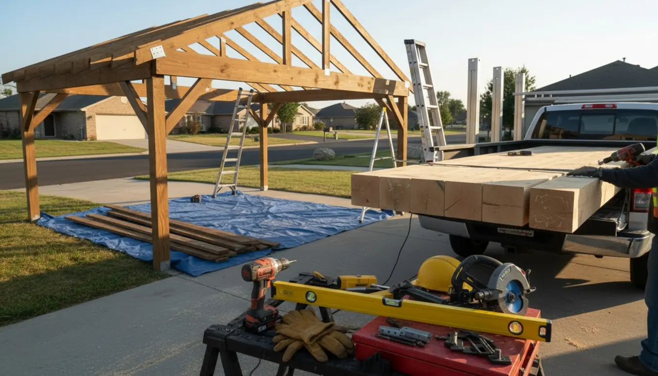 Halvt nedtaget træcarport ved indkørsel med nye bjælker og værktøj klar til montering.