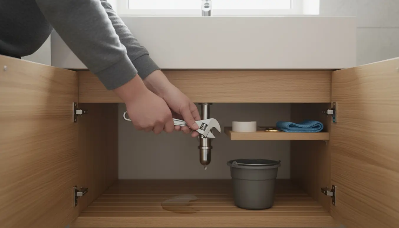 Nærbillede af en lækkende messingsamling under en vask, hænder spænder en skiftenøgle og en spand opsamler vand.