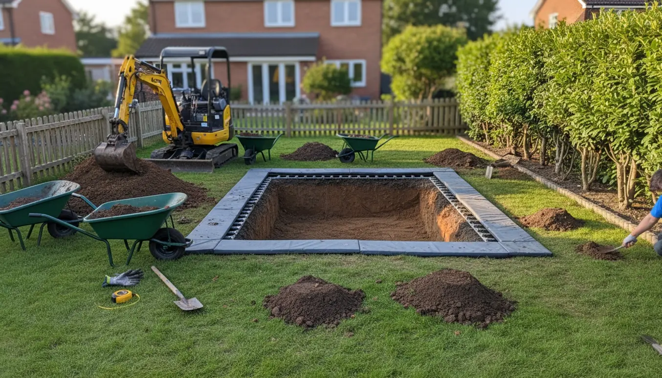 Nedgravet rektangulær trampolin under installation i en have med lille minigraver og spredt jord.