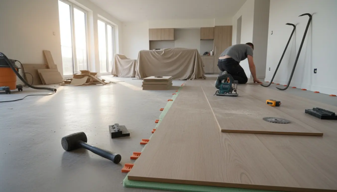 Åben stue og køkken med brede laminatbrædder under lægning, værktøj og dækkede møbler.