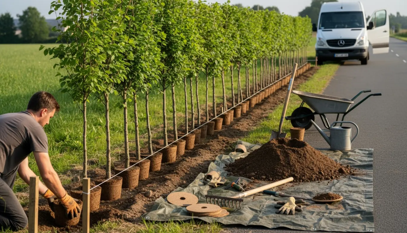 Plantning af en 10 m bøgehæk ved vejkant med 140 cm høje planter, jordbunke, værktøj og en varebil parkeret foran.