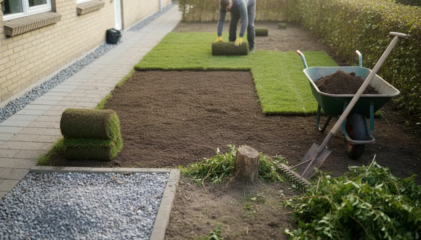 Forhave under omlægning med rullegræs, værktøj, fjernet granitskærver og flisegang.