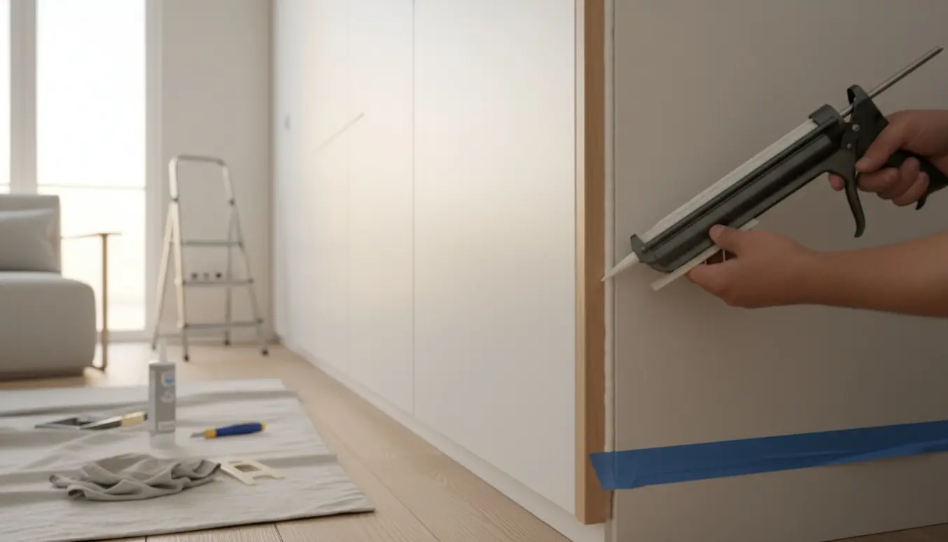 Hænder fuge langs kanten af et indbygget gulv-til-loft skab med fugepistol og glatteværktøj.