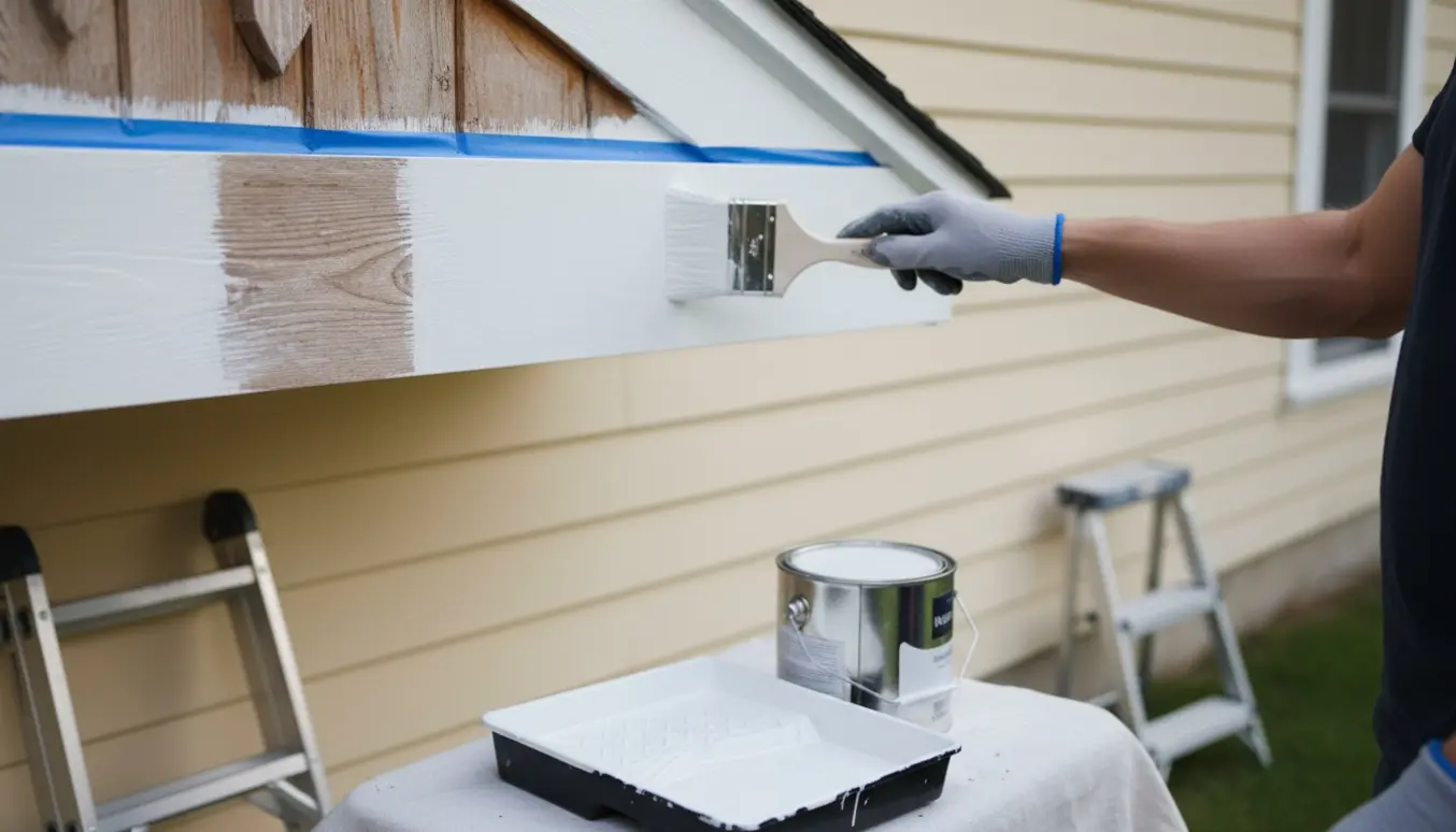 Hænder maler udhæng og gavl på et hus med pensel og frisk maling.