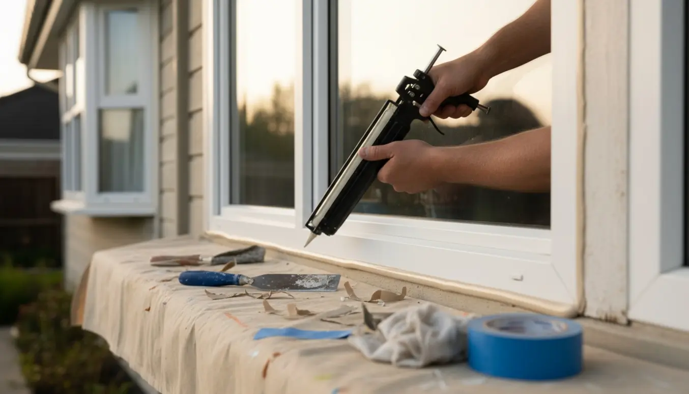 Nærbillede af hænder, der udskifter fugemasse omkring et vindue på et 1-plans hus.