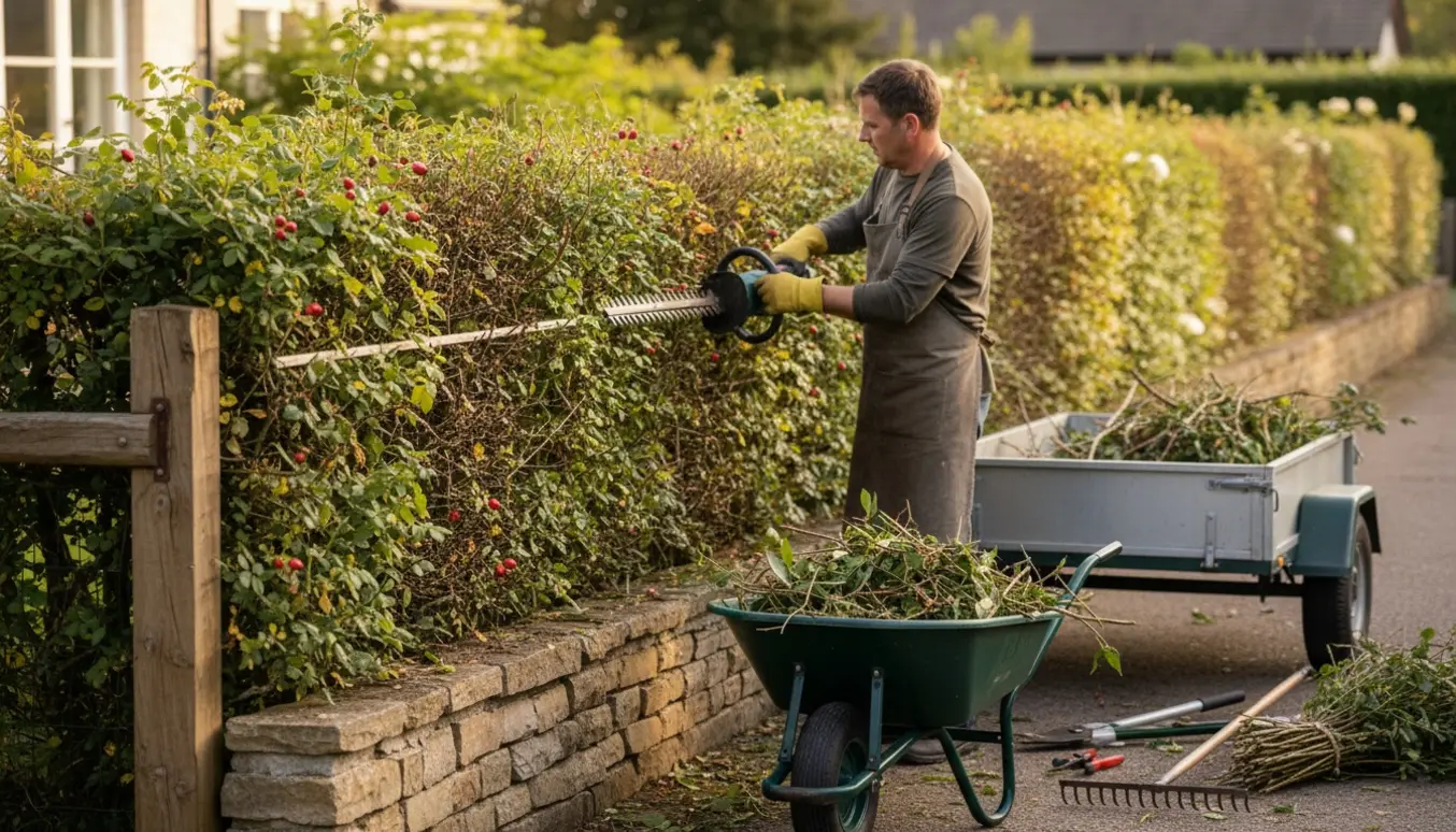 En havearbejder trimmer et levende hegn med brombær, vildroser og buske langs skel, med afklip samlet i en trillebør.