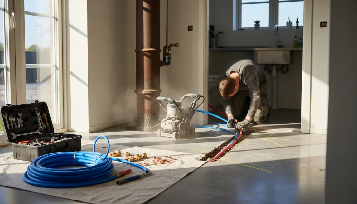 Pex-rør ligger i en fræset rille i gulvet mod en faldstamme i entreen med VVS-værktøj omkring.