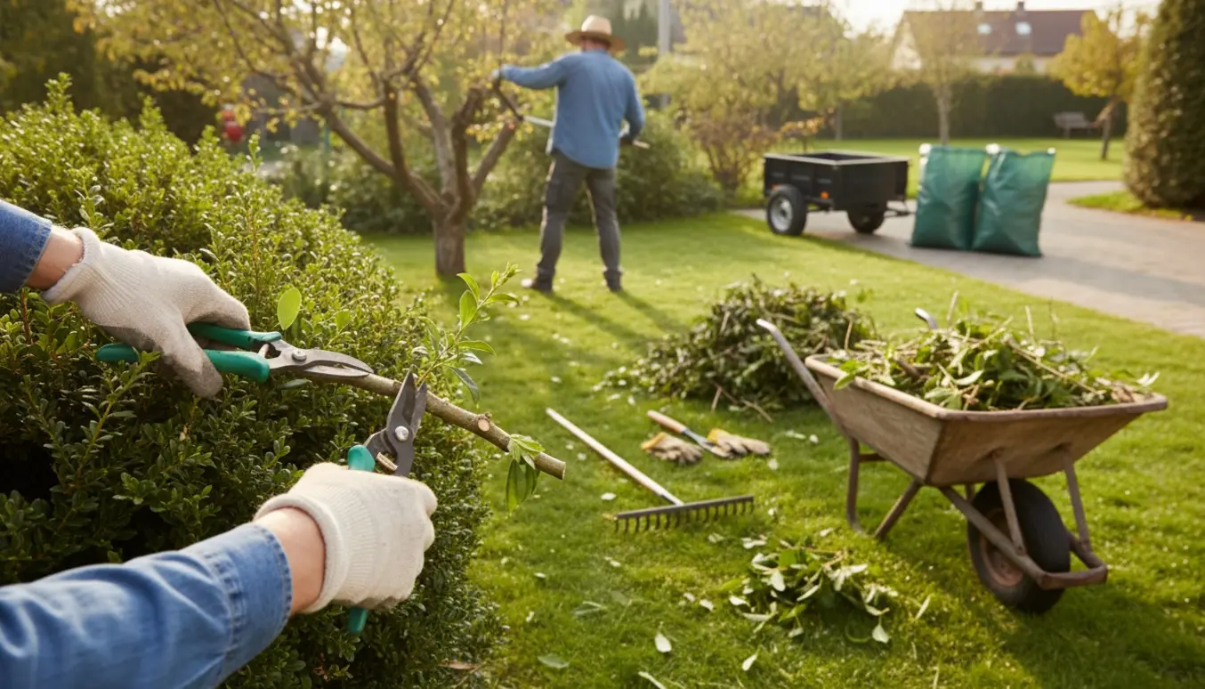 Havearbejder trimmer træer og planter i en solbeskinnet forstadshave med trillebør og bunker af afklip klar til bortkørsel.