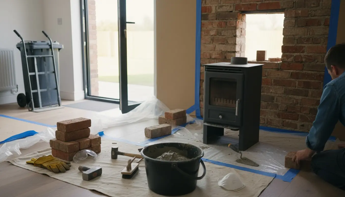 Afmontering af lille brændeovn med åbent hul i murstensvæg, værktøj og afdækning klar til murerarbejde.