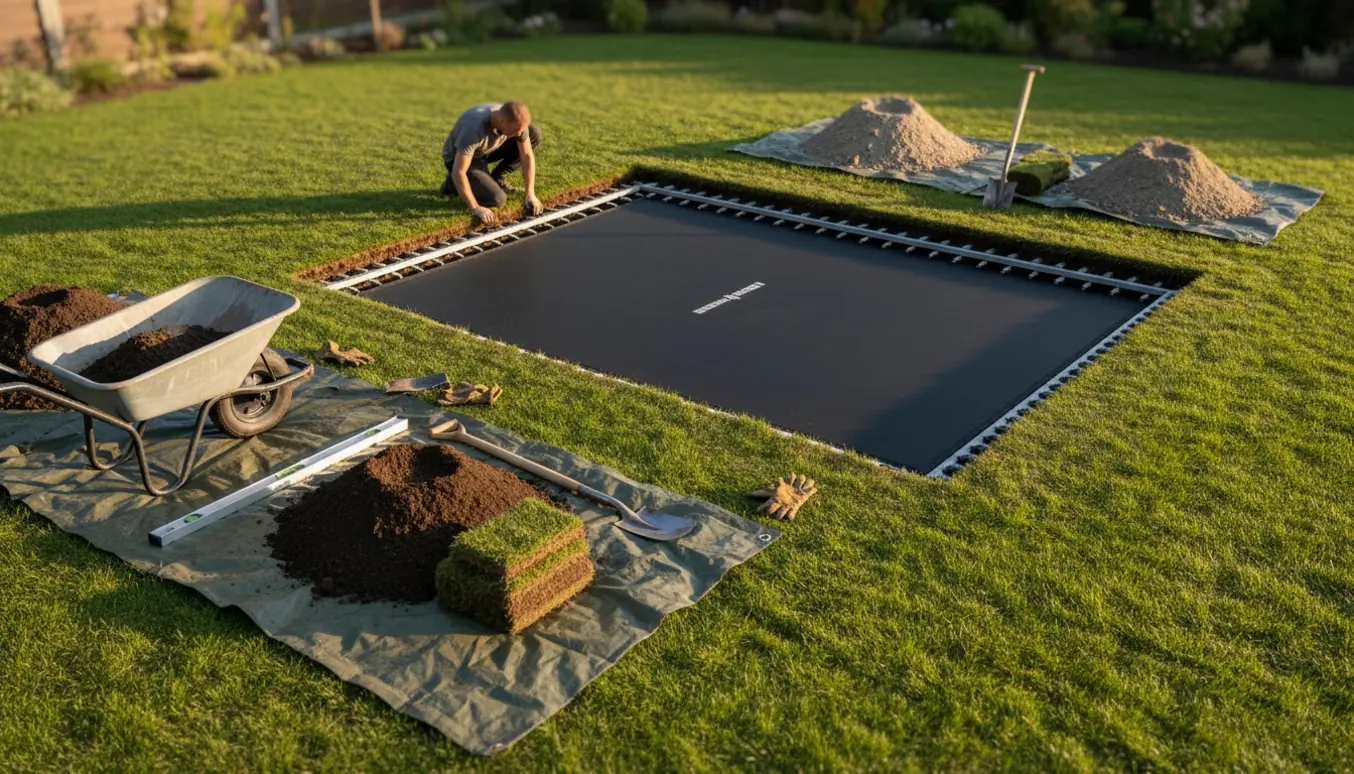 Nedgravet rektangulær trampolin i en baghave under installation med bevaret jord og værktøj.