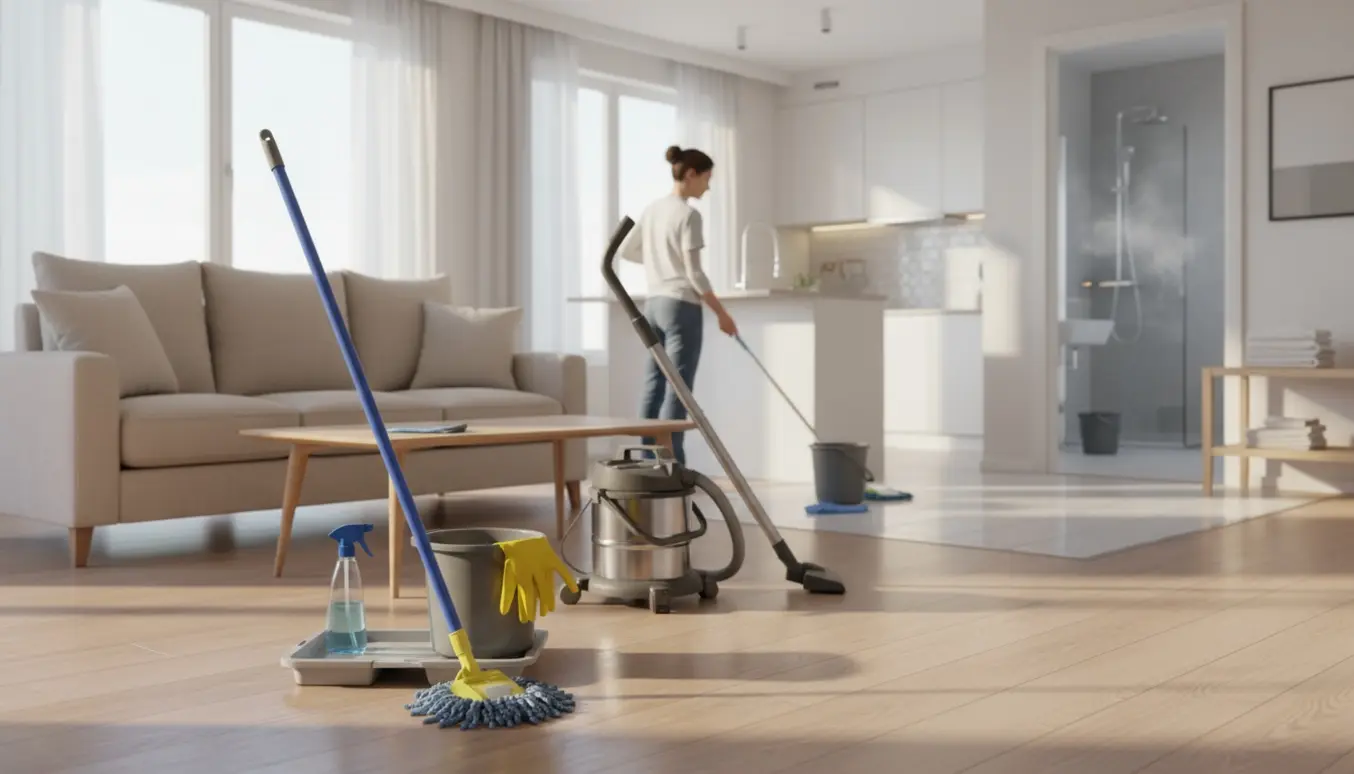 Rengøringsudstyr i forgrunden og nyrengjorte stue, køkken og badeværelse i baggrunden.