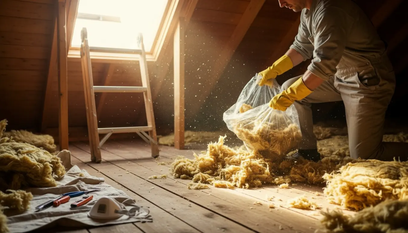 Hænder pakker gammel loftsisolering i klare sække i et lyst loftsrum med en stige.