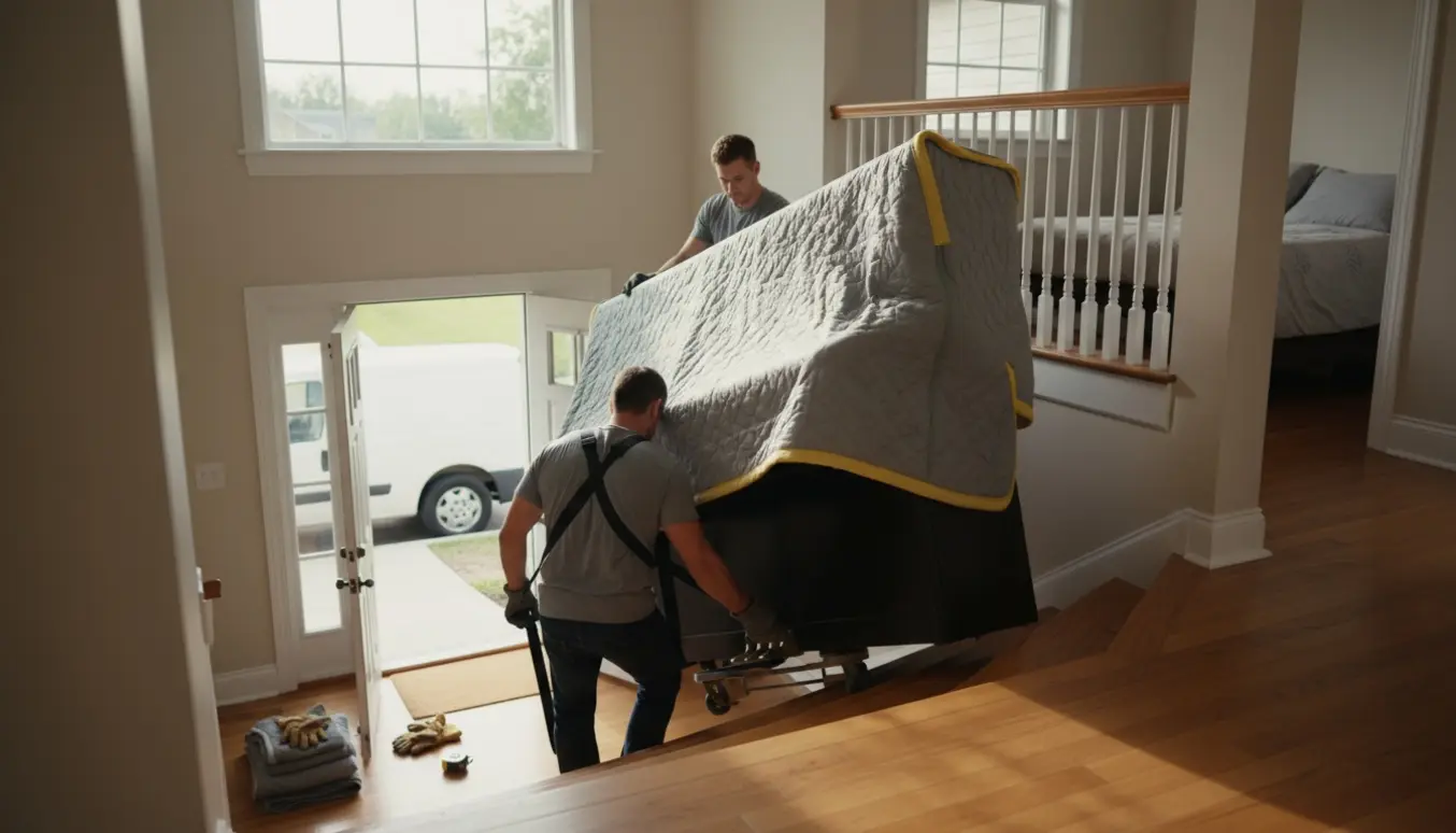 To flyttemænd flytter et opretstående klaver med to pedaler op ad en trappe i en lys stue.