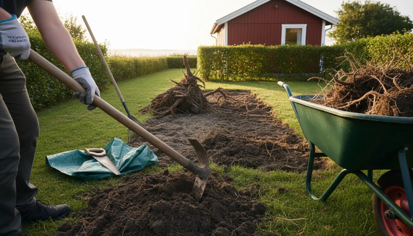 Uprodt busk med rodklump og haveværktøj i en sommerhushave klar til ny græsplæne.