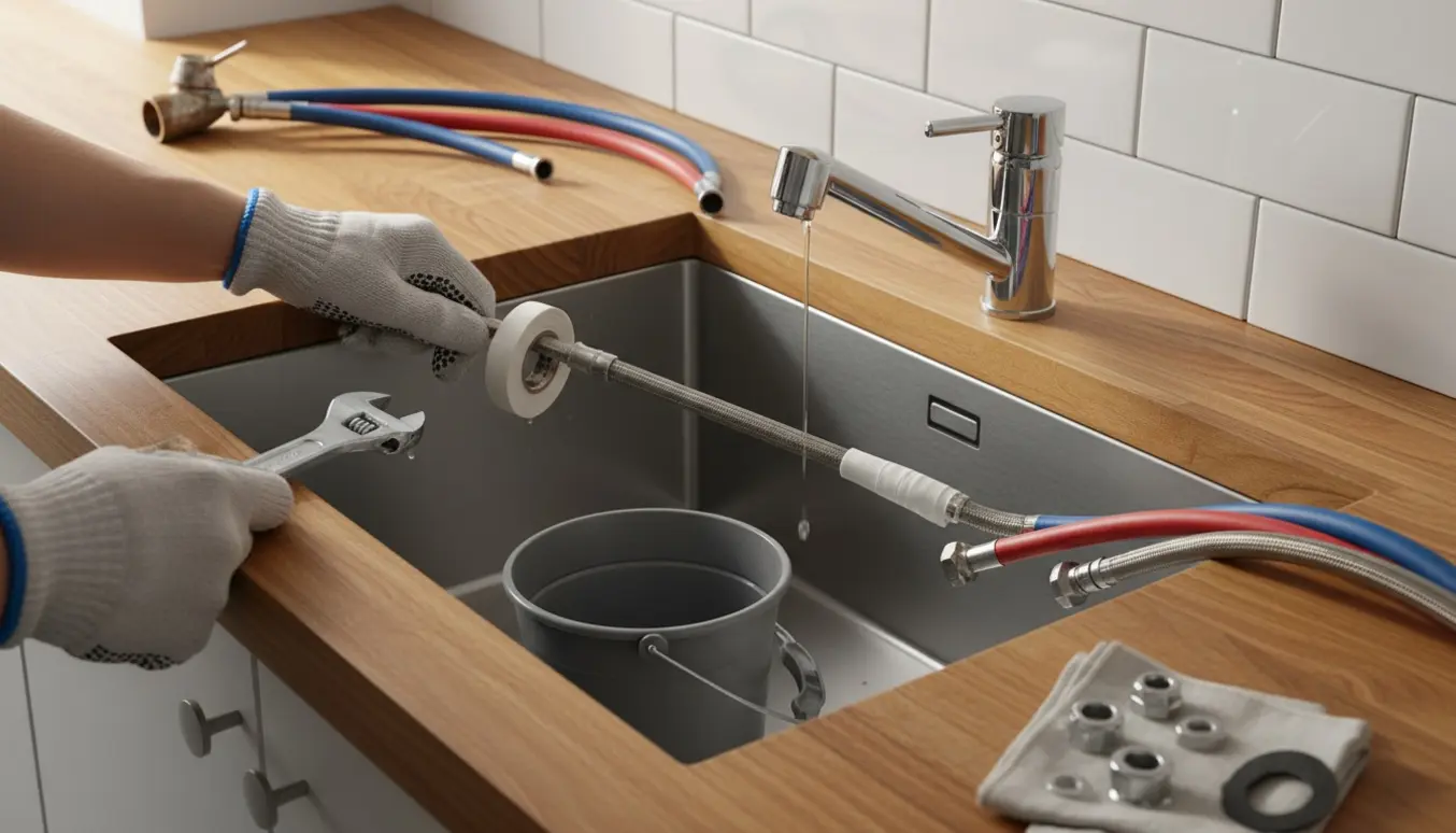 Nærbillede af montering af et nyt krom køkkenarmatur med hænder, skruenøgle og vandtilslutninger.