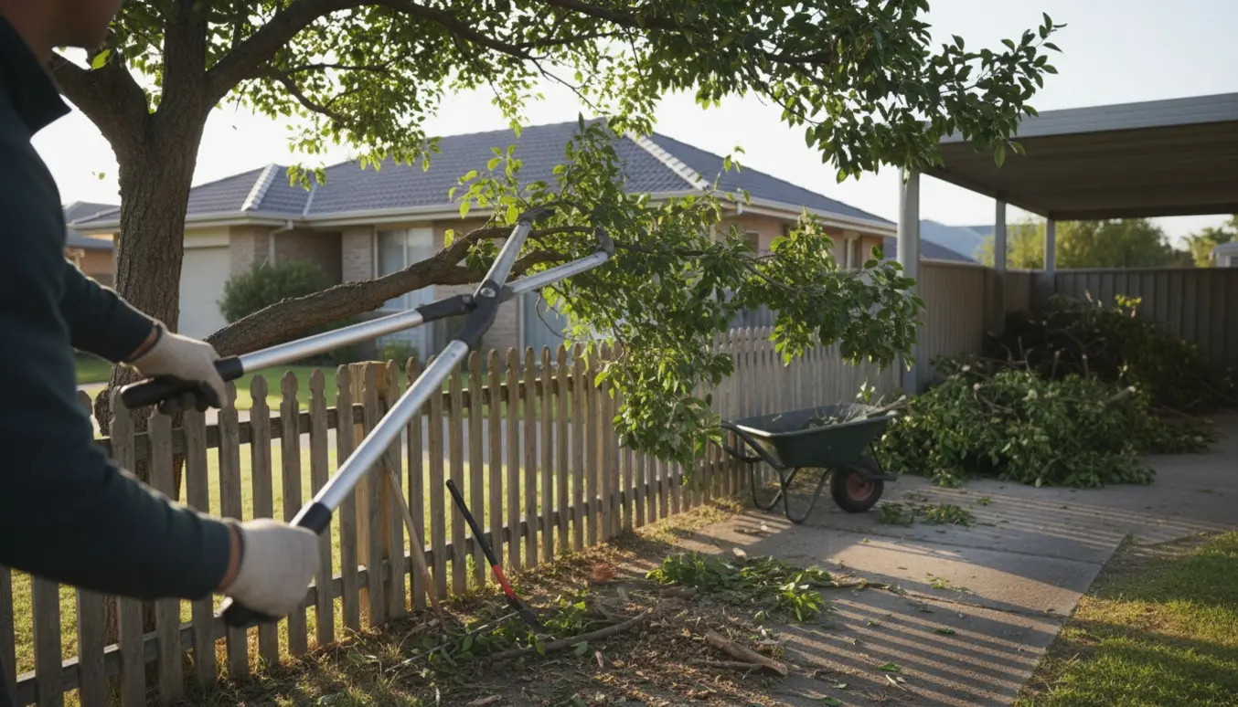 Nærbillede af hænder, der beskærer grene over en naboskel med afklip samlet i carporten.