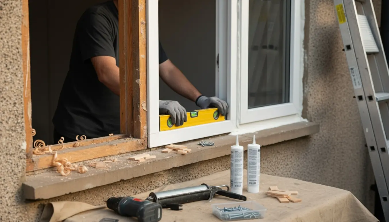 Tre vinduer monteres i en facade med værktøj, fuge og vaterpas tæt på.