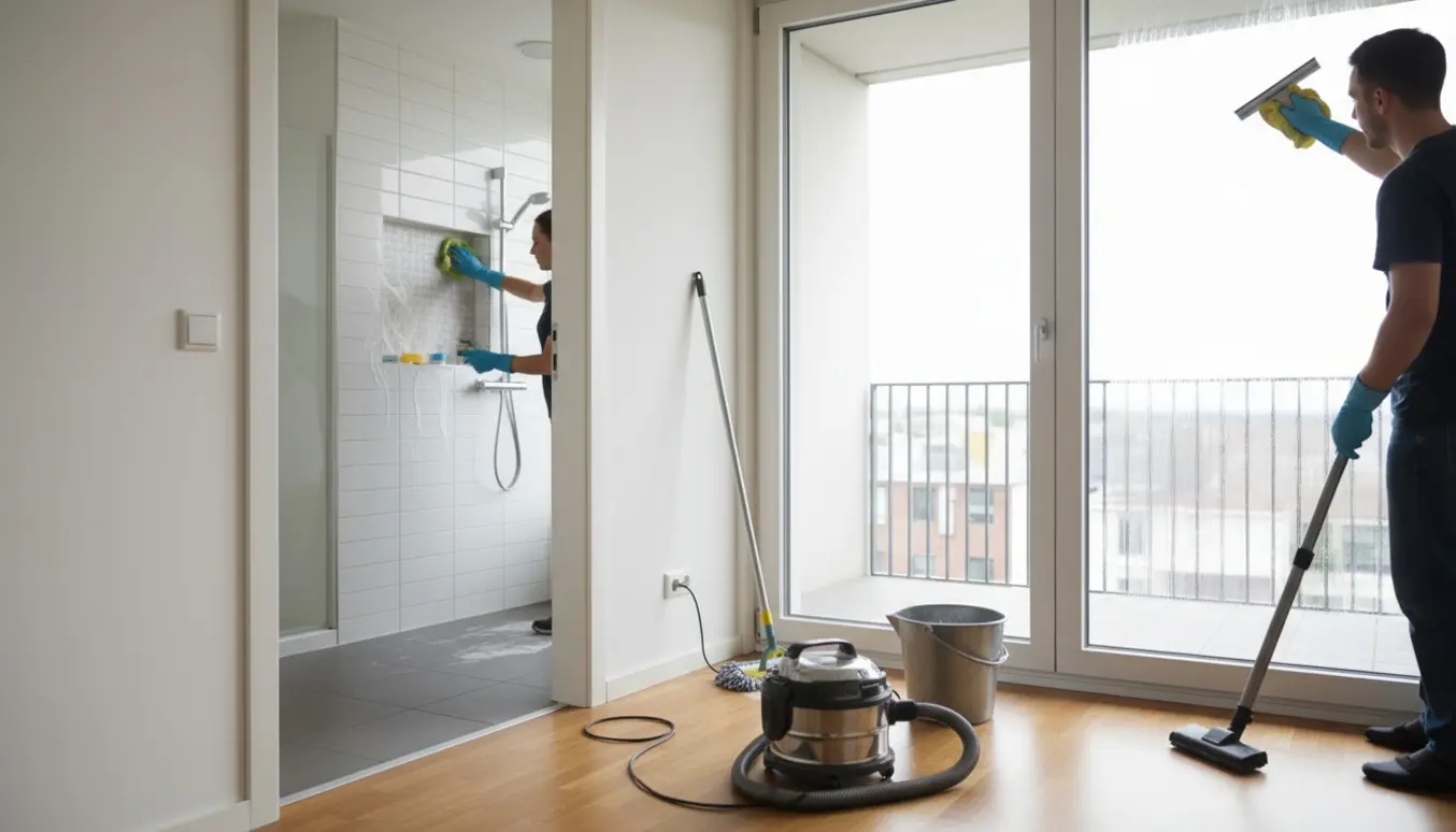 Hænder pudser vindue, rengøringsudstyr på gulvet og fliser afkalkes i badeværelset under flytterengøring.