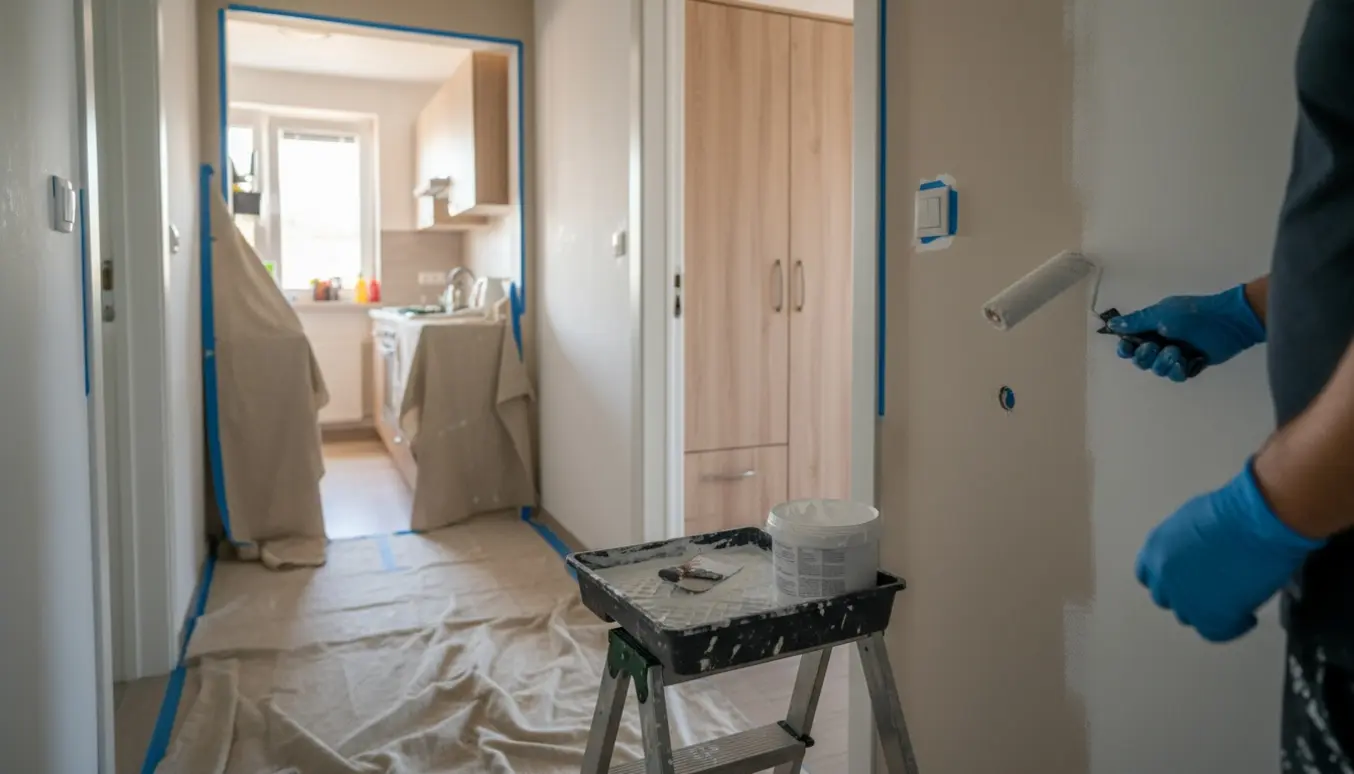 Delvist malet lejlighed med afdækkede møbler, malerrulle og spartelværktøj.