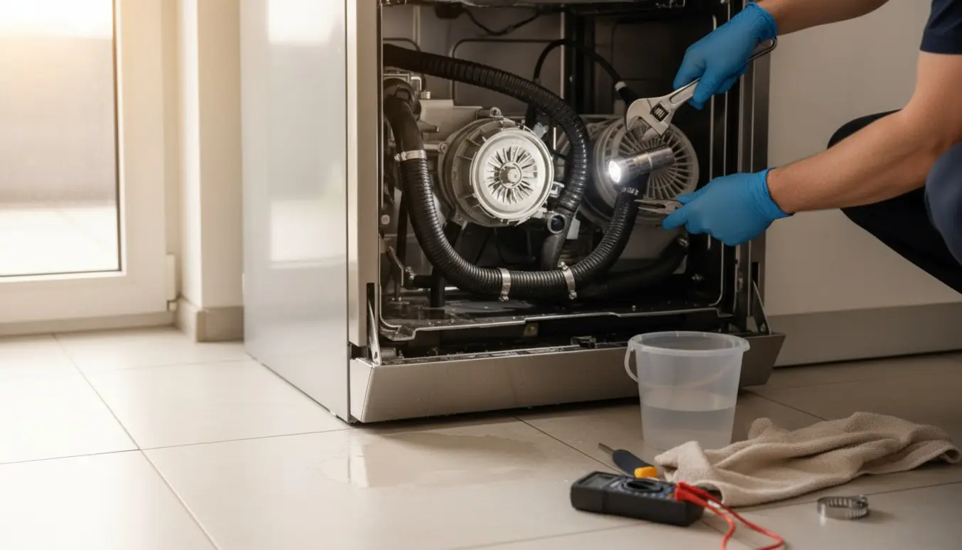 Tekniker arbejder på en åben opvaskemaskines bund og afmonterer en slange for at udbedre en lækage.