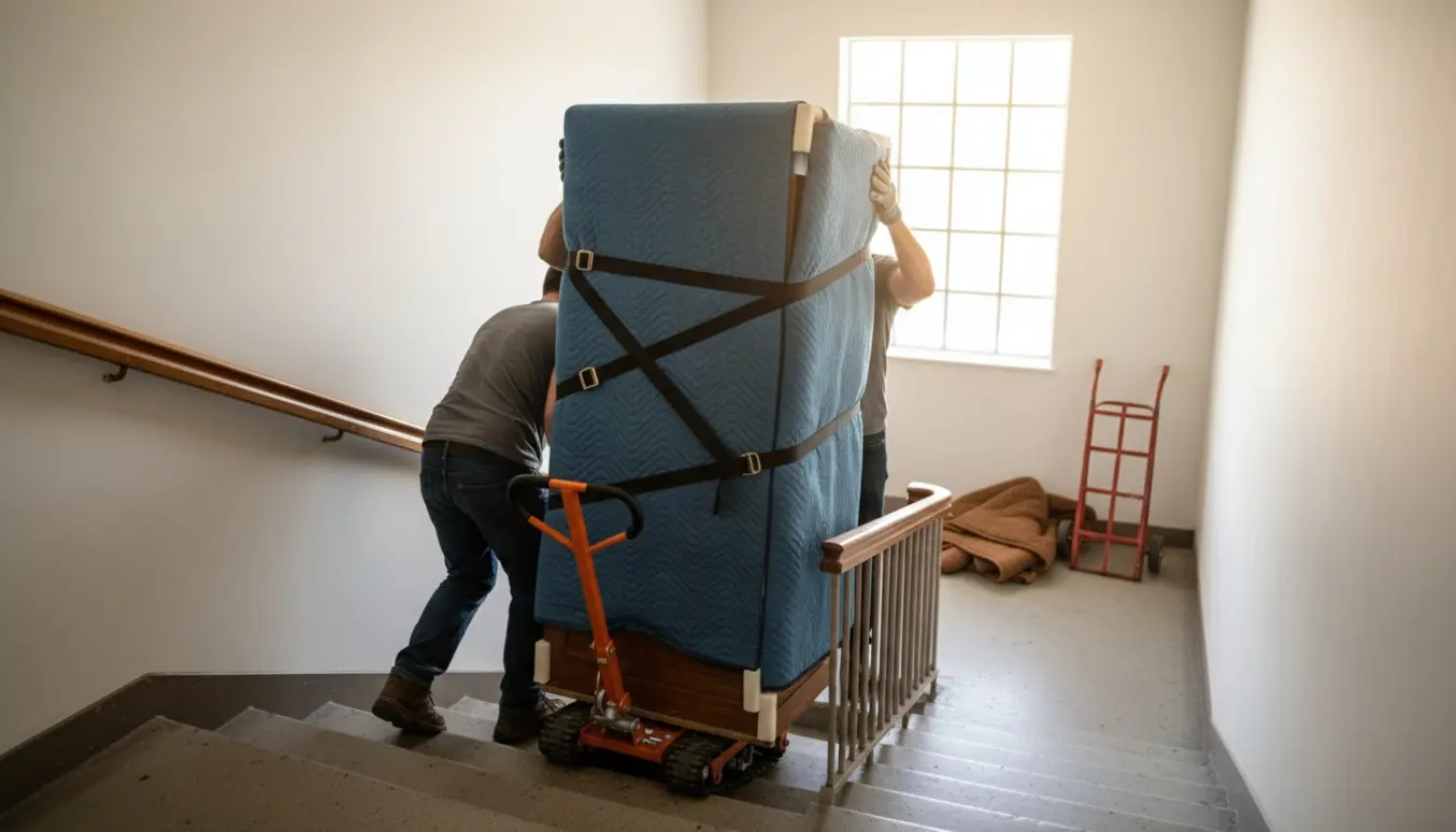 To flyttefolk løfter et indpakket skab op ad en trappe i en opgang, set bagfra.