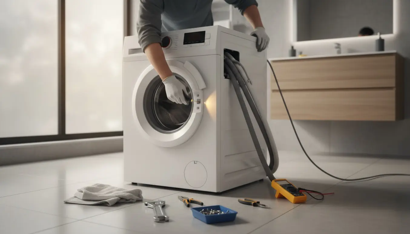 Hænder justerer låsen på en hvid frontbetjent vaskemaskine trukket delvist ud i et lyst badeværelse med værktøj på gulvet.