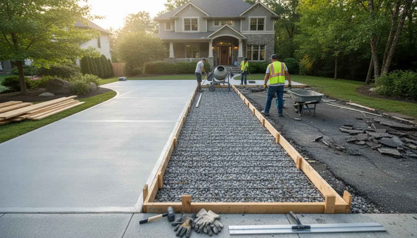 Langsigtet billede af en indkørsel under anlæg med færdig beton, forberedt bund, værktøj og betonblander.