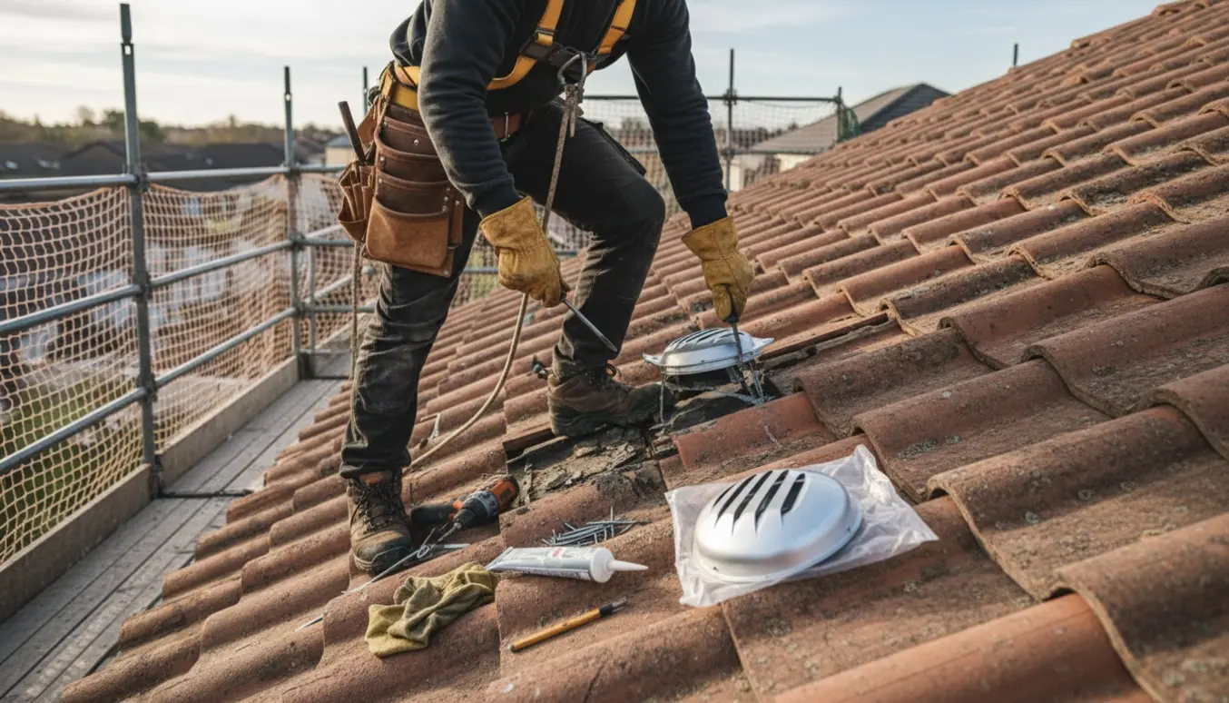 Tømrer skifter en revnet taghætte på et tegltag fra stillads med nyt hætte og værktøj ved siden af.