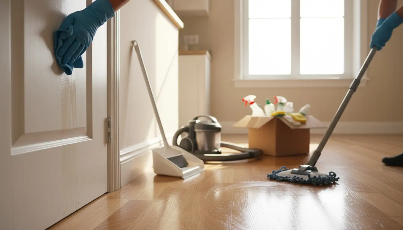 Glovede hænder tørrer dørpaneler og vindueskarme i en soloplyst lejlighed under flytterengøring.