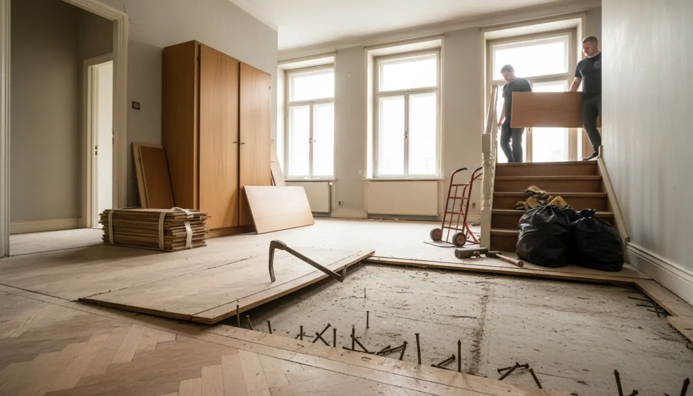 Gammelt parket fjernes i en lejlighed, planker stablet og bæres ned ad en smal trappe.