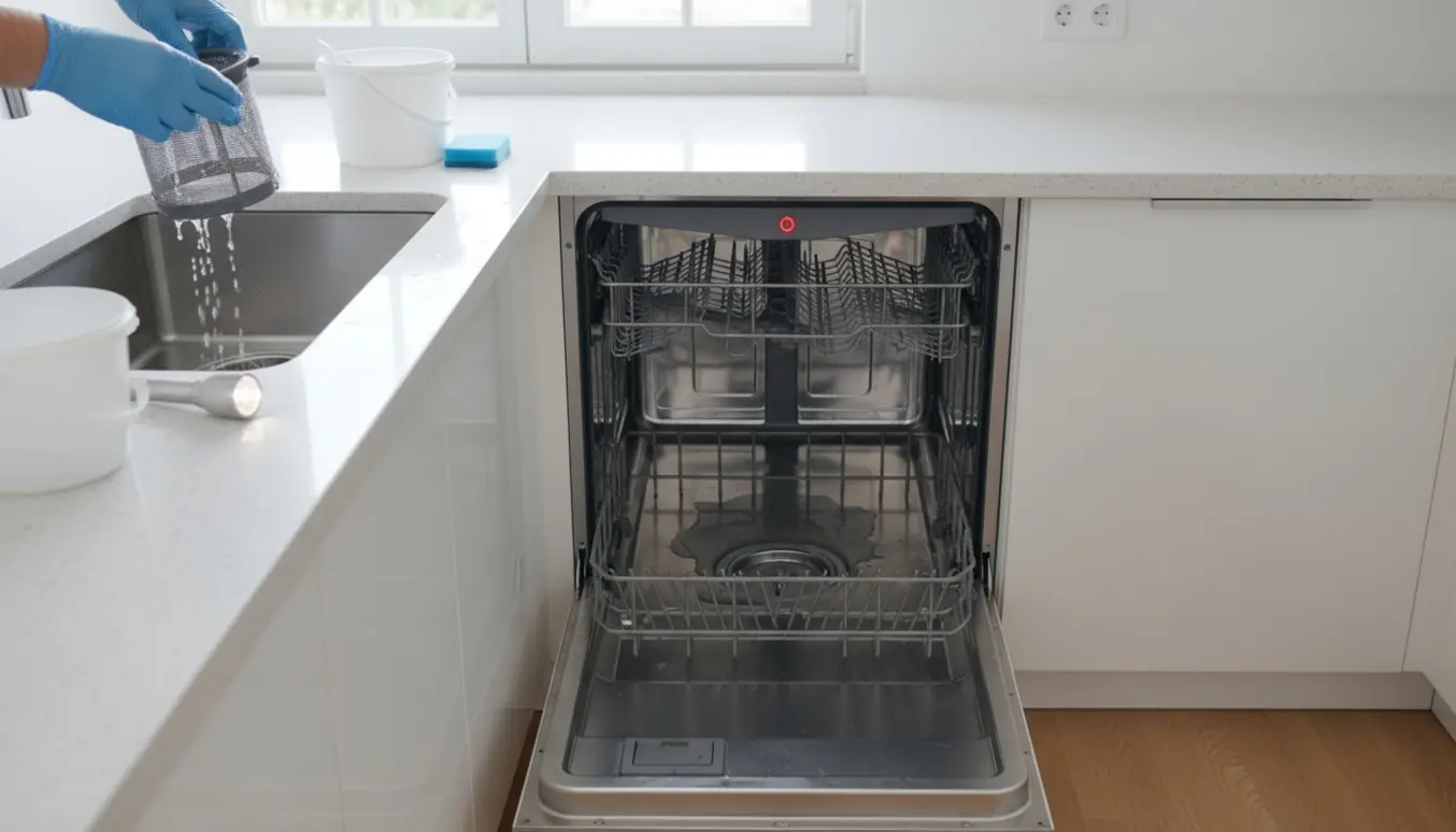 Åben opvaskemaskine med vand i bunden, renset bundfilter på bordet og advarselslampe for pumpe.