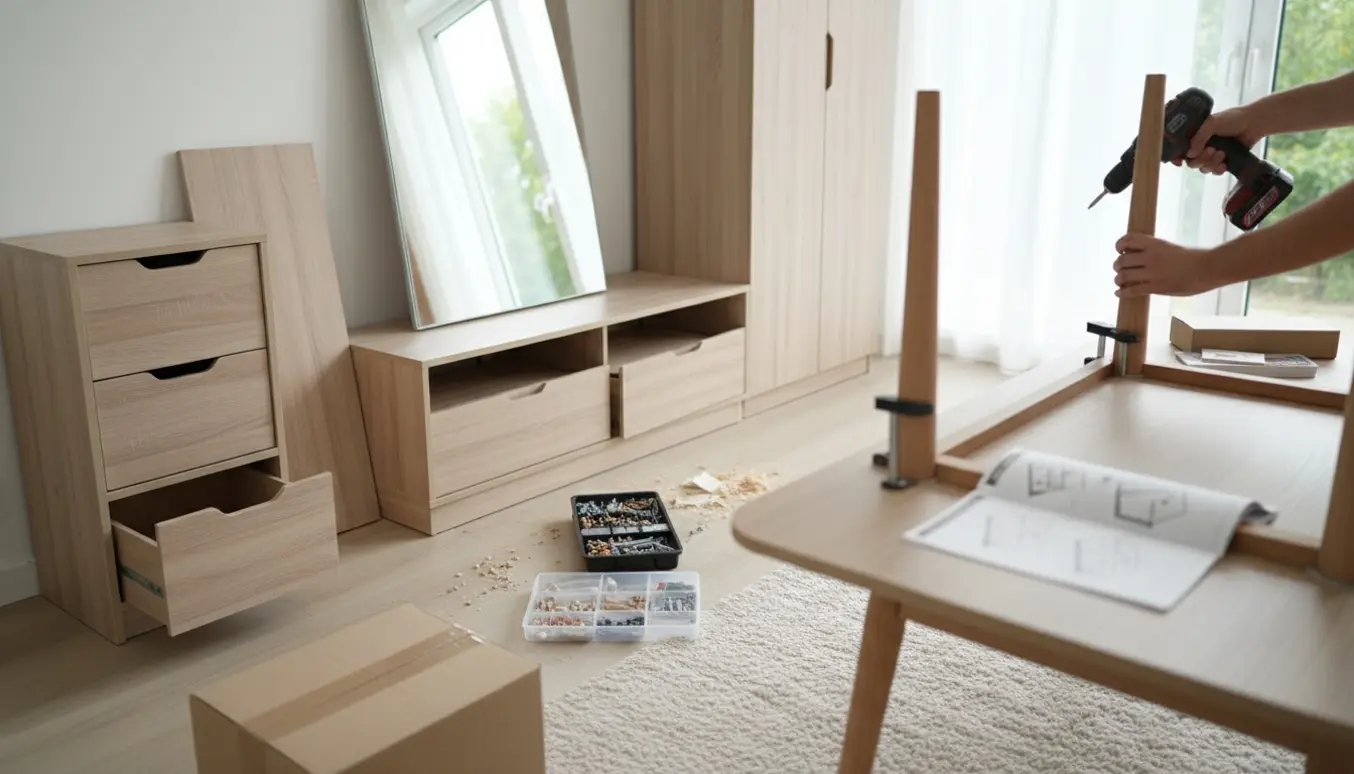 Delvist samlede møbler — tv-bord, kommode, garderobeskab med spejl og spisebord — omgivet af værktøj og monteringsdele i et lyst rum.