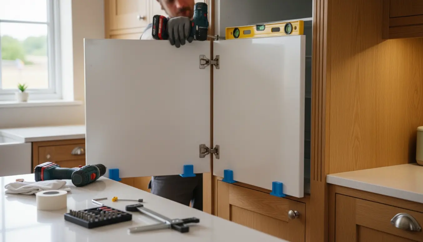 Hænder monterer en eksisterende låge på et integrerbart kølefryseskab i et køkkenskab med værktøj og vaterpas.