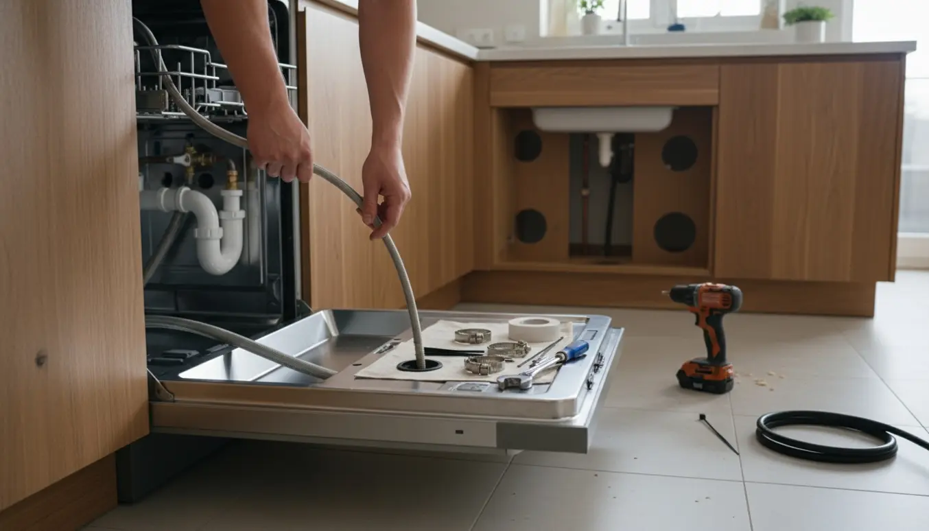 Hænder fører opvaskemaskinens vand- og afløbsslanger gennem åbne køkkenskabe med værktøj ved siden af.
