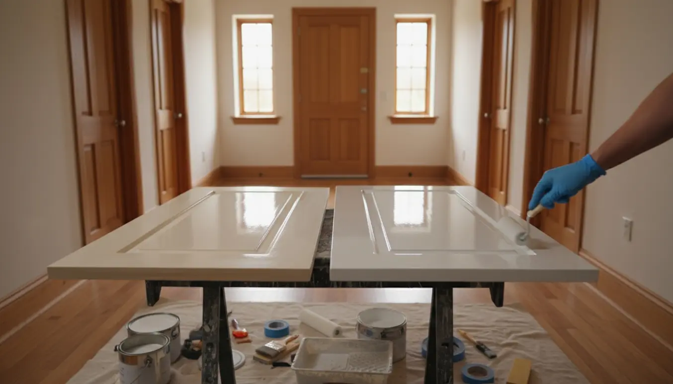 Glinsende nymalet træværk i en lys gang med ruller, pensler og afdækning.