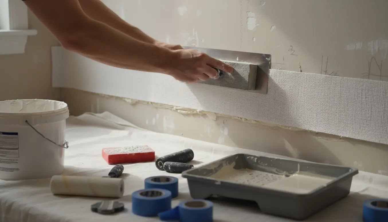 Hænder spartler og sætter filt op på en væg med maleruller og værktøj klar til maling.