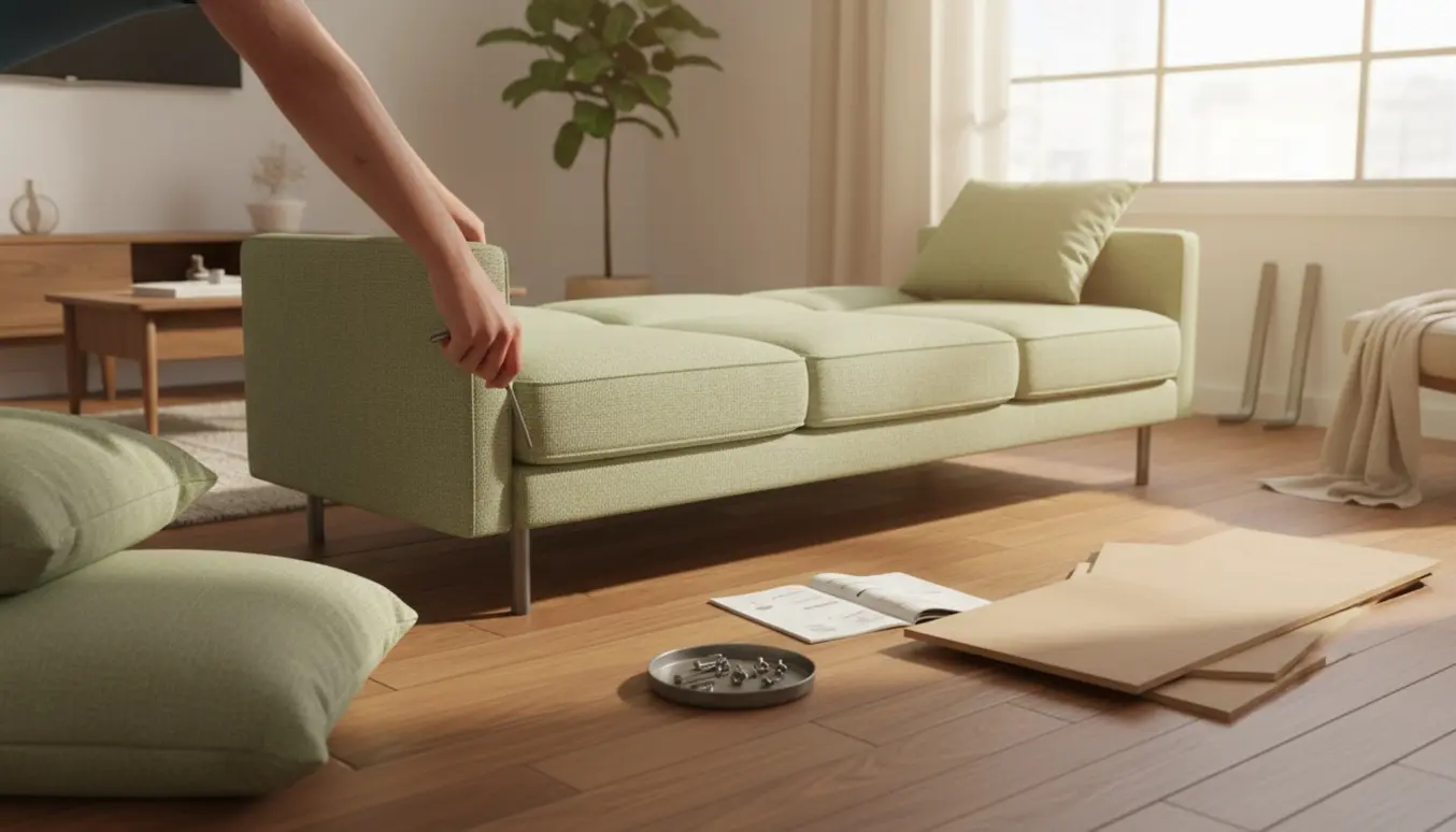 Hænder samler en lysegrøn trepersoners sovesofa i en solrig stue med værktøj og dele spredt omkring.