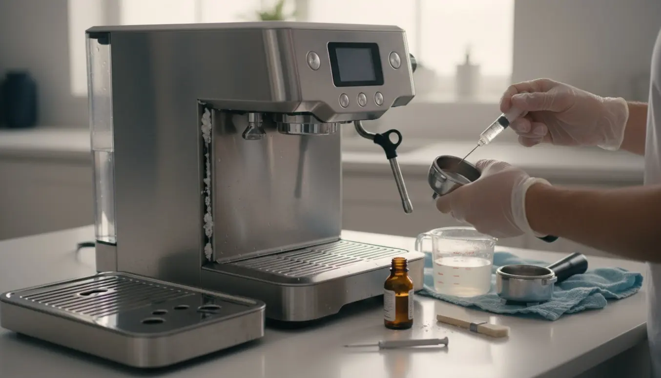 Nærbillede af en espressomaskine med kalkaflejringer og hænder, der påfører afkalkningsvæske.