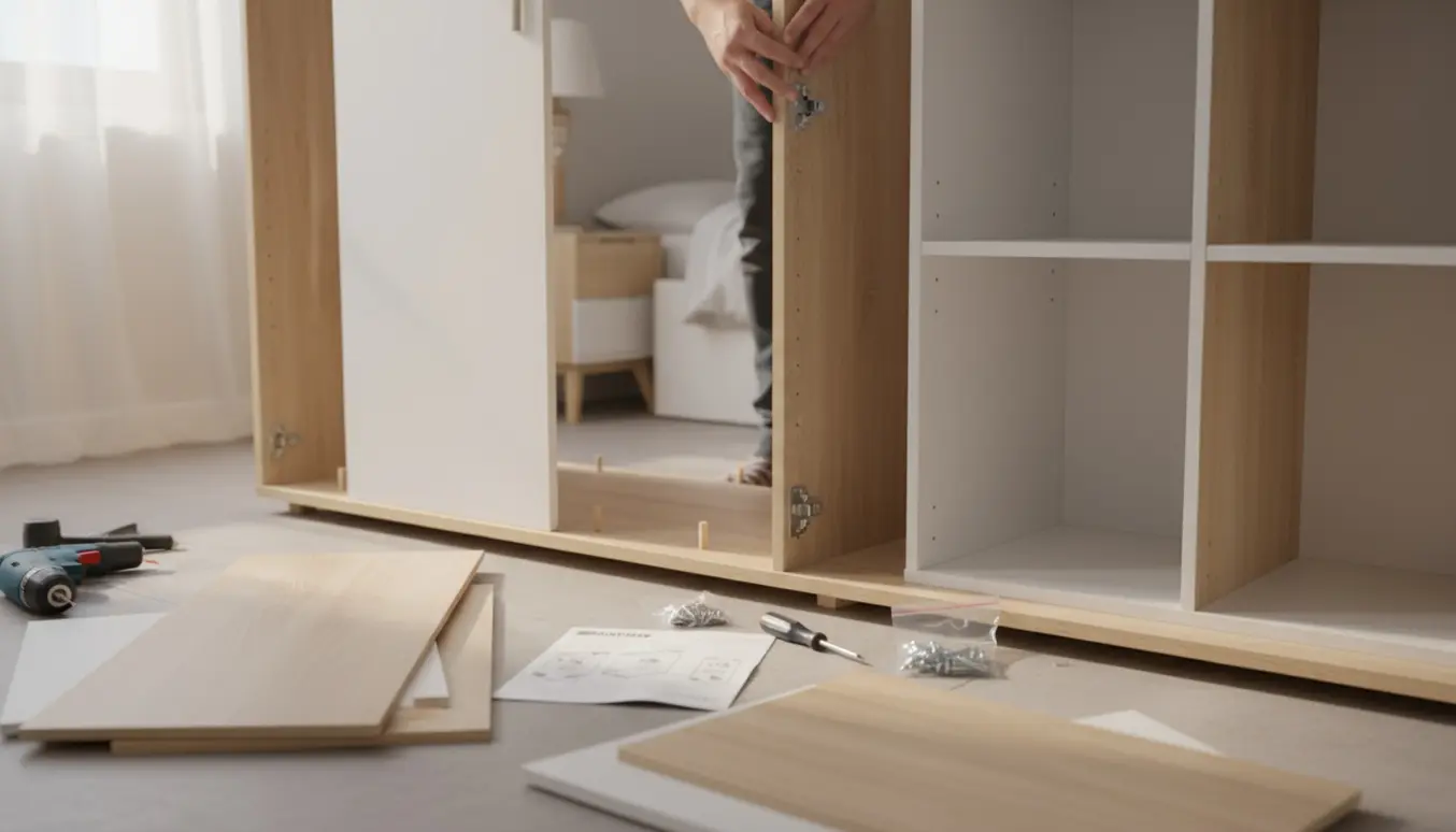 Hænder samler en Platsa-garderobe med paneler, skruer og værktøj i et lyst værelse.